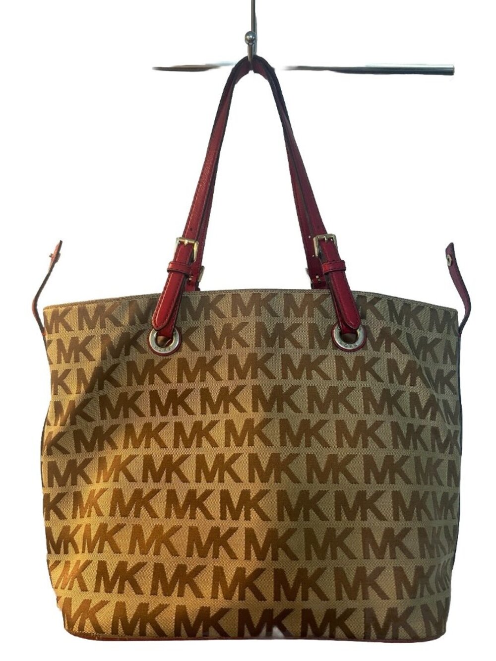 Michael Kors Signature Shoulder Handbag Canvas Beige Tan Red Straps Gold Hardwar